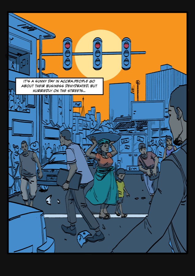 Blood Rain: a sunny Accra street, first page