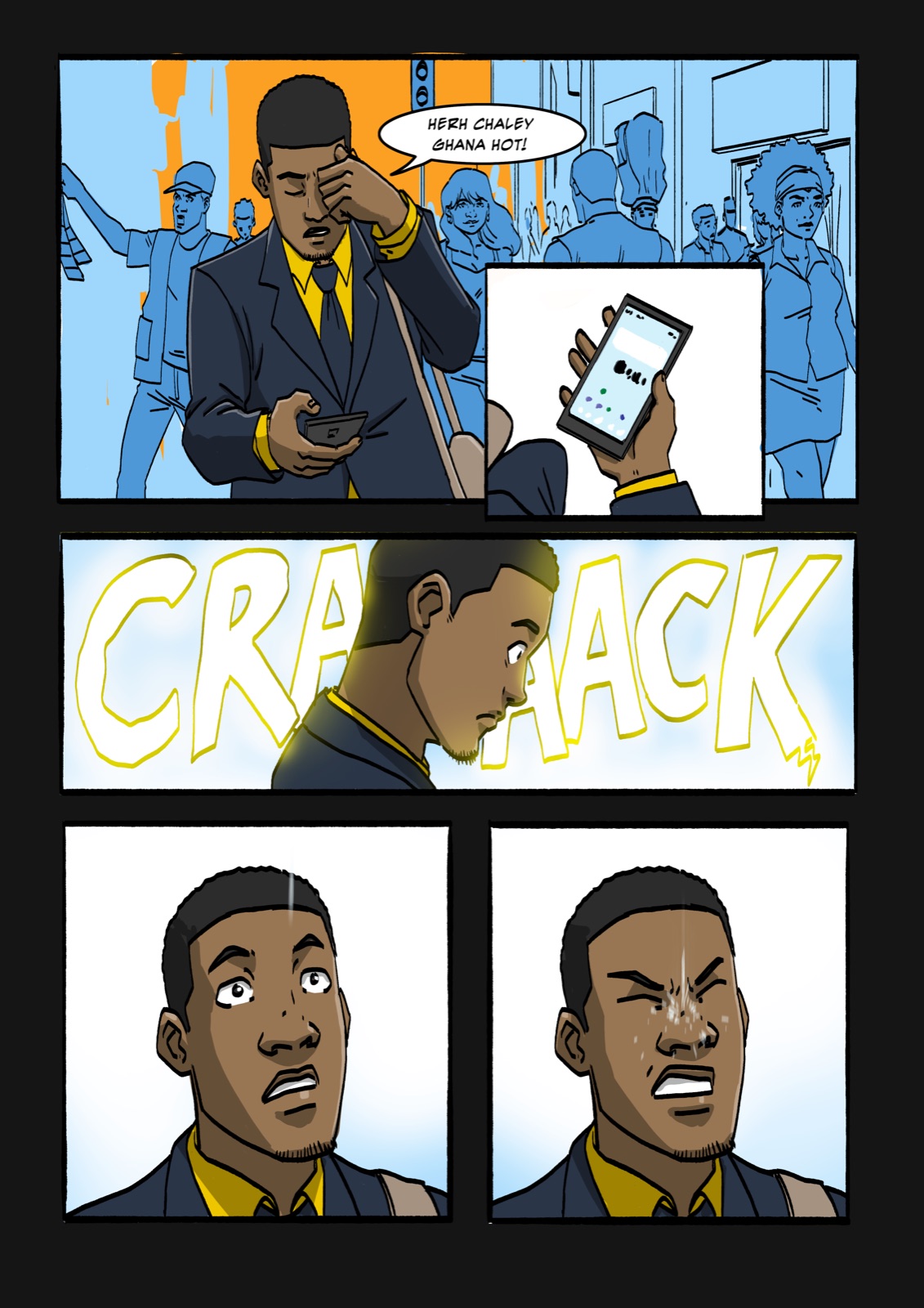 Blood Rain, page 2: a man checks his phone and a crack sounds