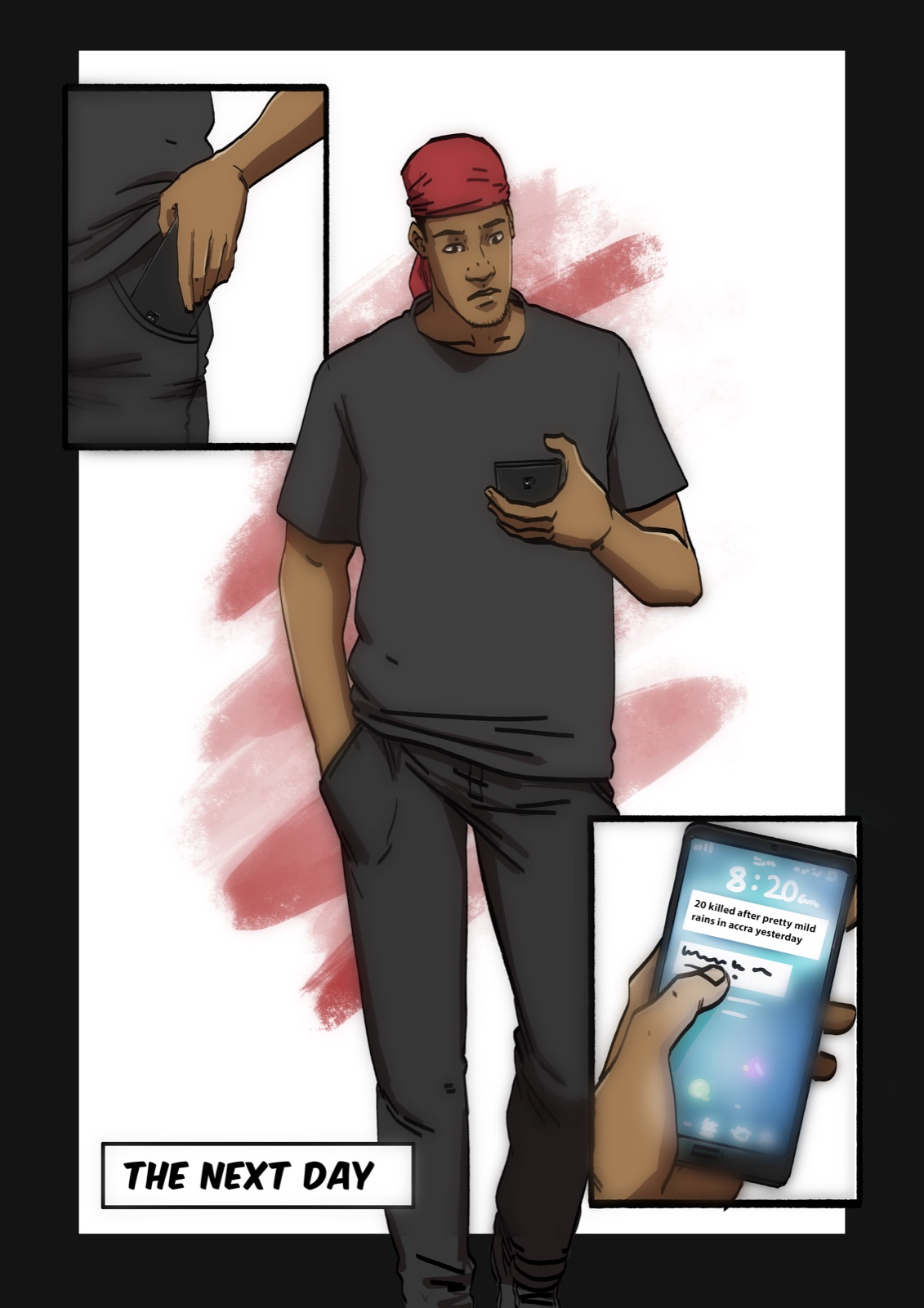 Blood Rain, page 3: a man in a red durag reads the next day's news