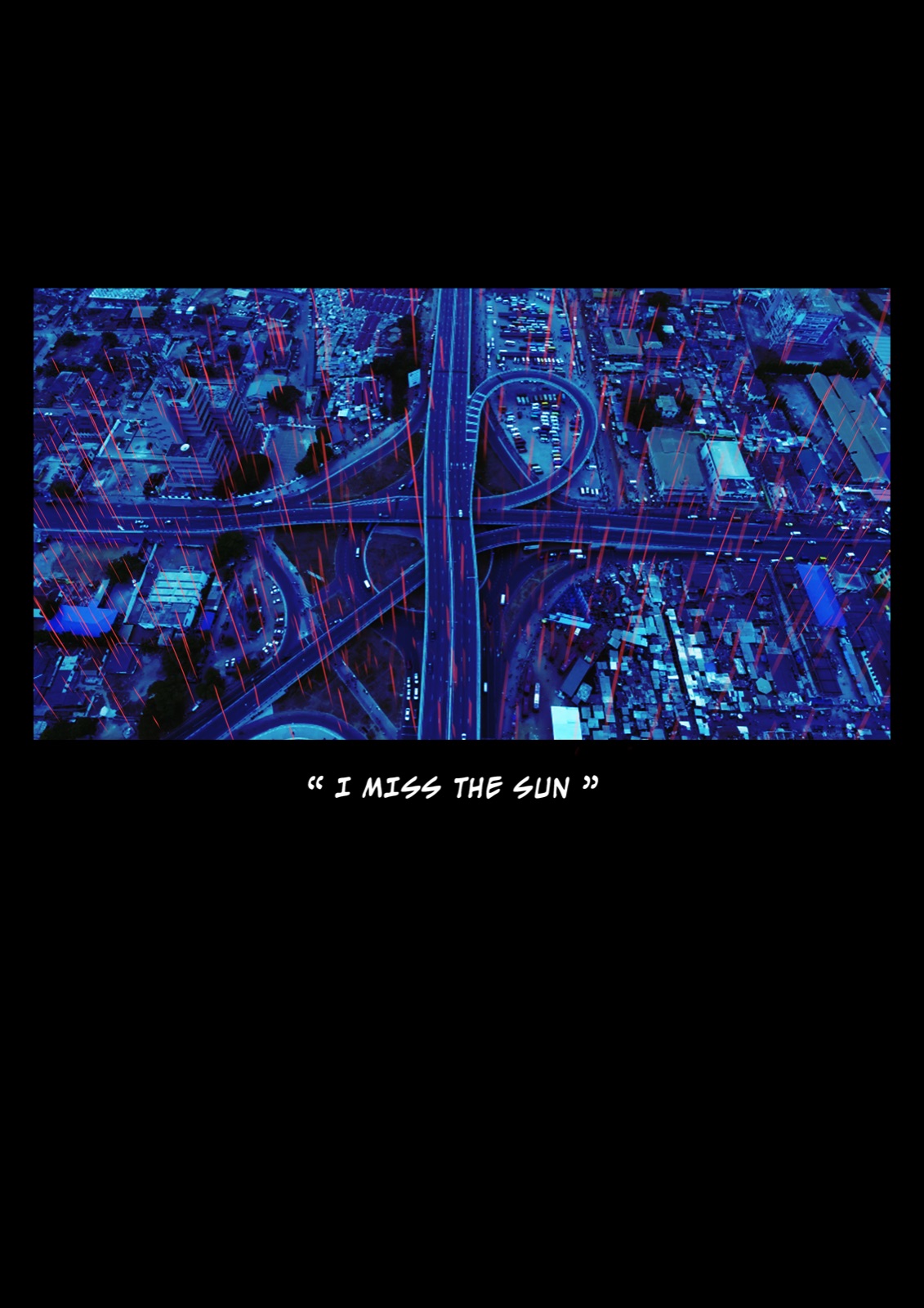Blood Rain, page 4: an aerial view of Accra under red rain, I miss the sun