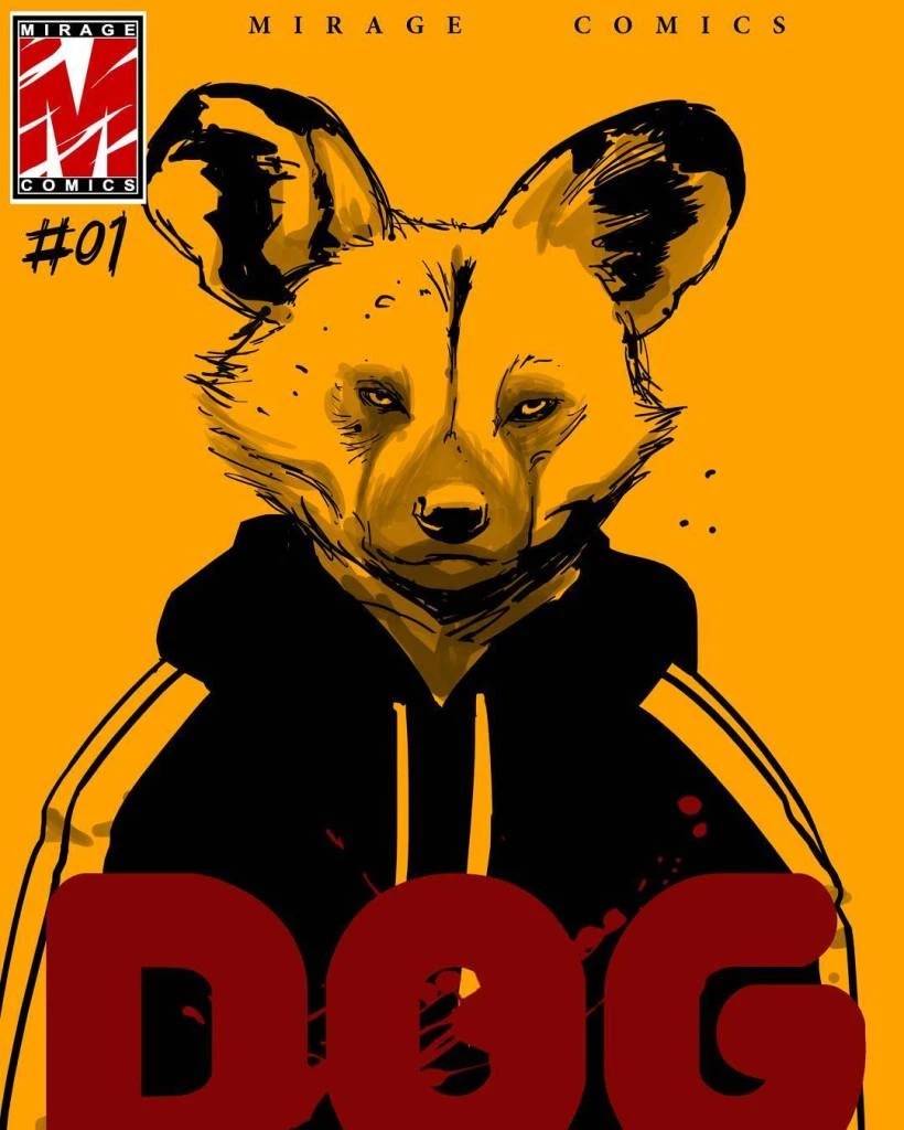Dog #01 cover: a wild dog in a black hoodie, eyes half shut, on an orange ground